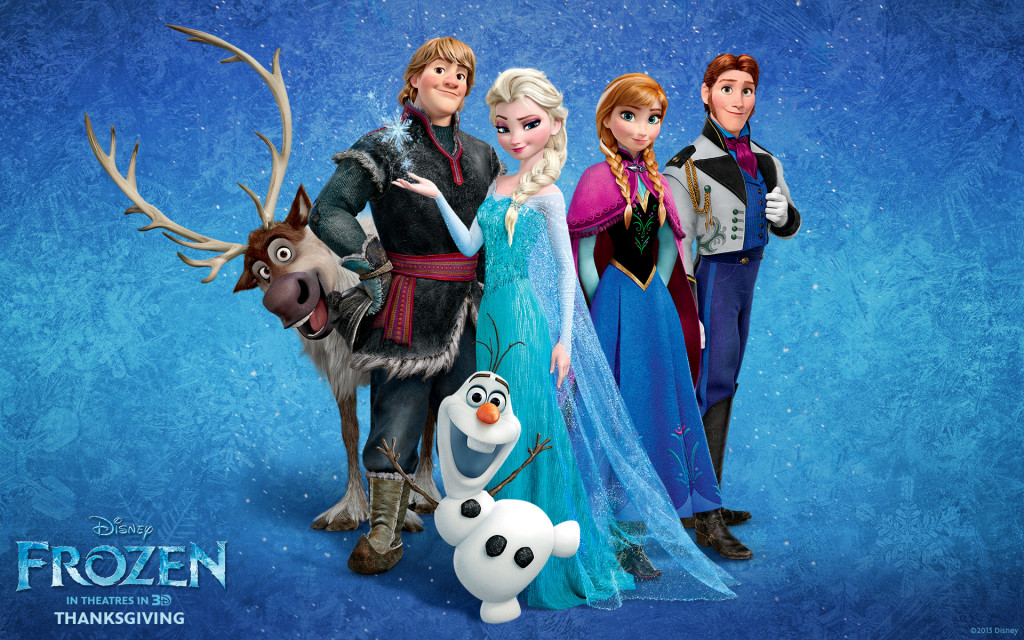 From left to right: Sven, Kristoff (Jonathan Groff), Olaf (Josh Gad), Elsa: Anna's older sister and heir to the throne of Arendelle (Idina Menzel), Princess Anna of Arendelle (Kristen Bell), and Prince Hans of the Southern Isles (Santino Fontana).